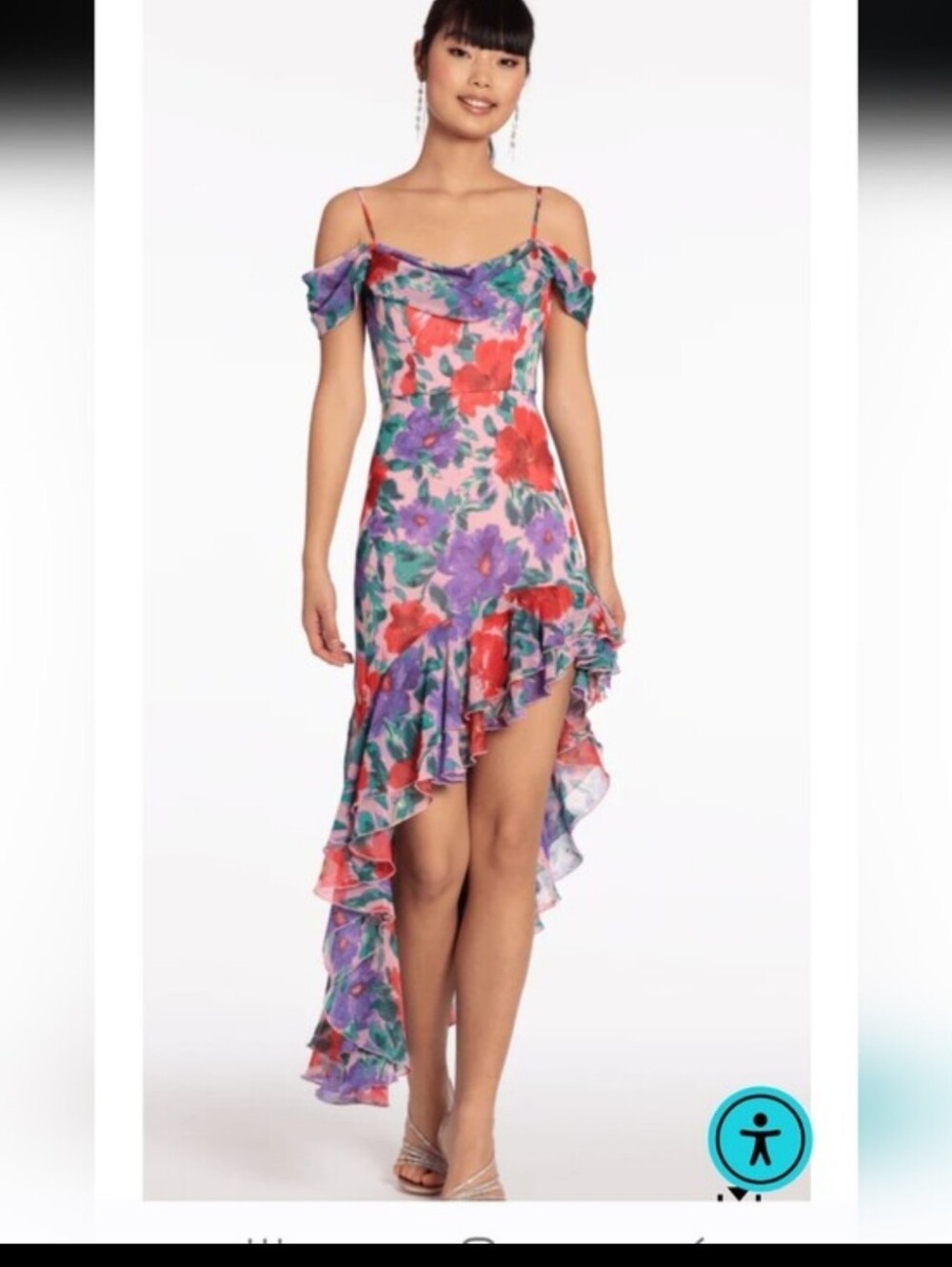 City Studio Floral High Low Midi Dress Women's Large Pink Purple Ruffle